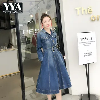 

Vintage Ripped Long Sleeve Slim Single Breasted Denim Dress Street Casual Sashes High Waist Vestido 2019 New Office Jeans Dress