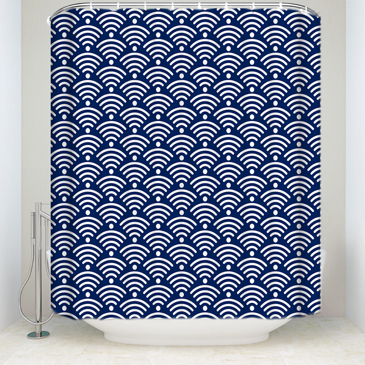 Waterproof Modern Simple Design Wave Printed Shower Curtain Polyester Fabric Navy Blue Bathroom