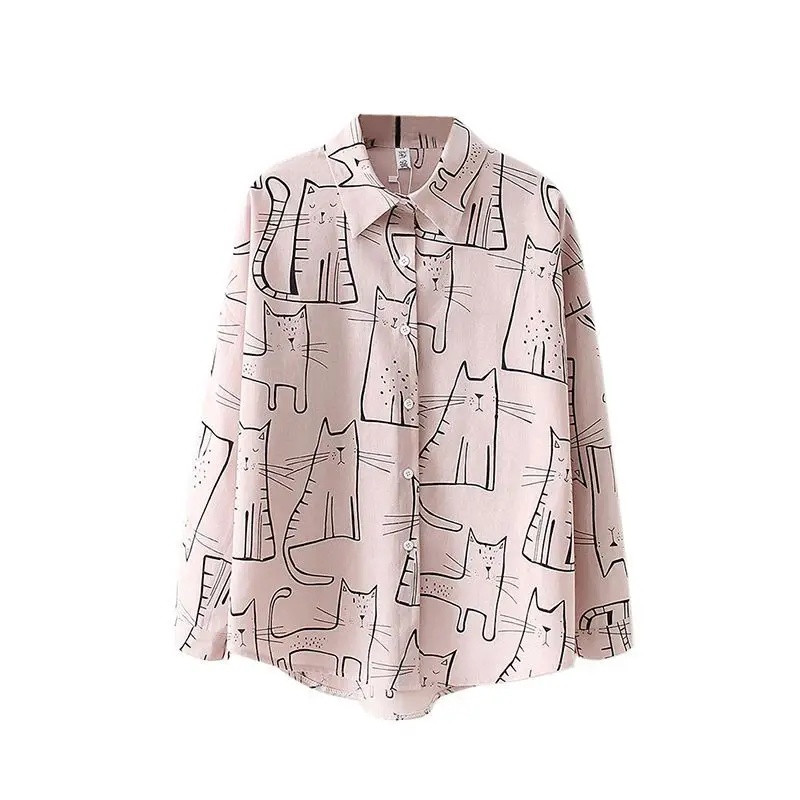 Хлопковая блузка с милым принтом кота, свободная повседневная женская блуза, топы для женщин с отложным воротником, рубашка с длинным рукавом, блуза, мода - Цвет: Розовый