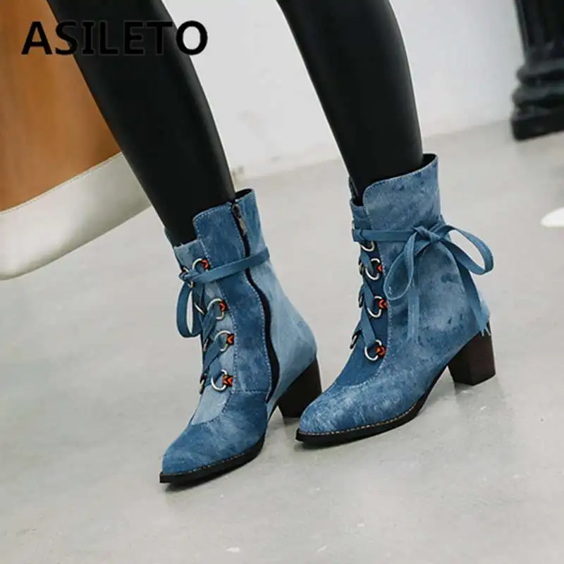 

ASILETO big size 35-46 western denim boots women cross tied high heels shoes woman blue cowboy ankle boots zipper booties mujer