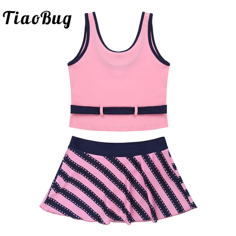Adolescentes de Duas Roupa de Banho Topos com Listra Tiaobug Crianças Peças Tankini Meninas Nadar Impresso Saia Conjunto Maiô Praia