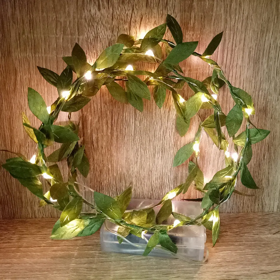 Unique handmade LED String Lights with green leaf, AA Battery holiday