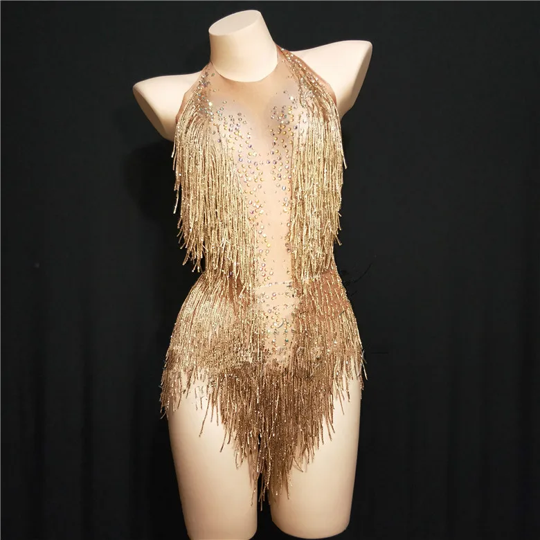 

Gold Tassel Women Sexy Bodysuit Sparkling Crystals Costume Nightclub Party Singer Dancer Performance Stage Wear Clothing DJ DS