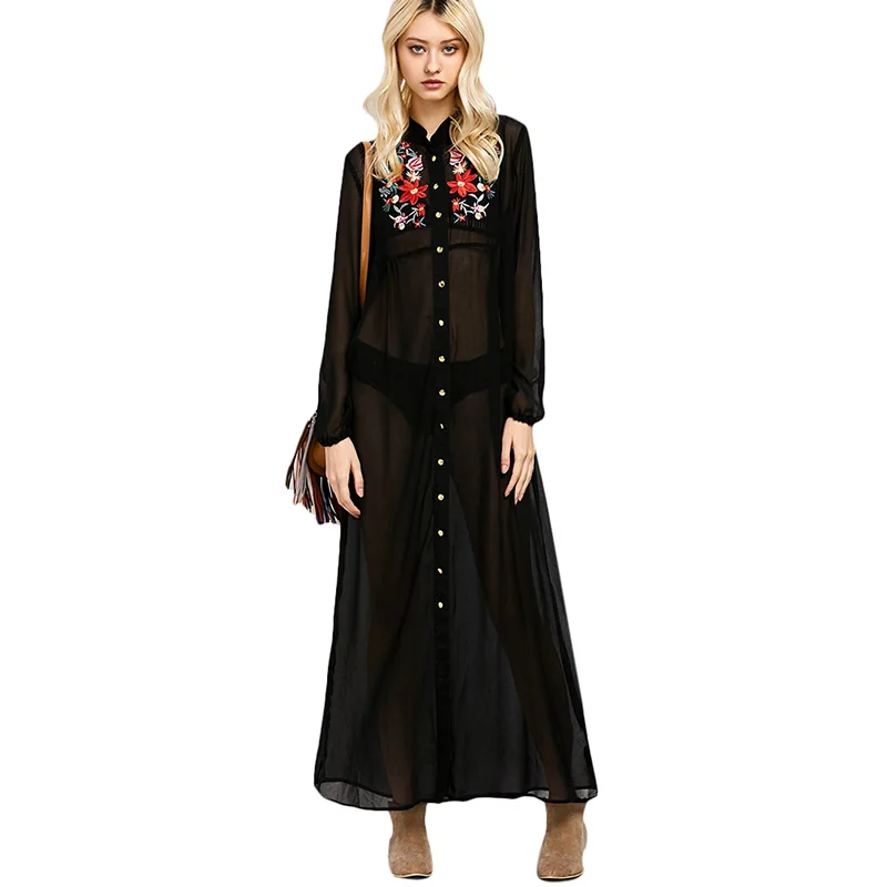 black floral maxi shirt dress