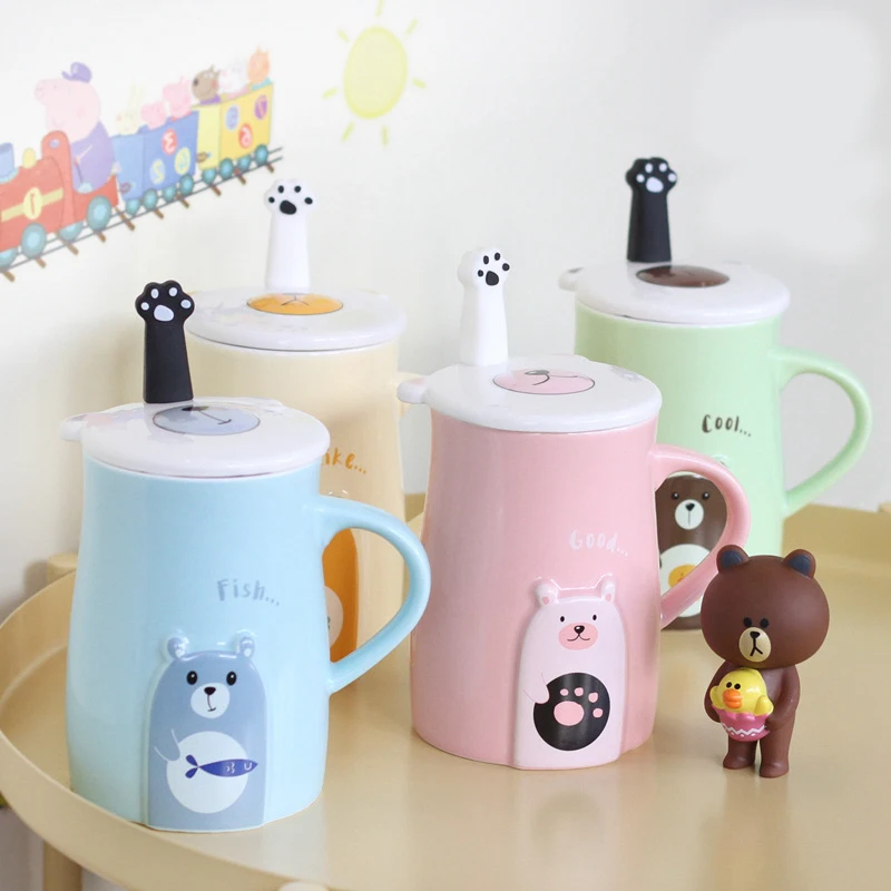 2.3Cute cartoon bear mug embossed ceramic mug with lid and spoon creative office water animal cup couple mug milk coffee cup gift