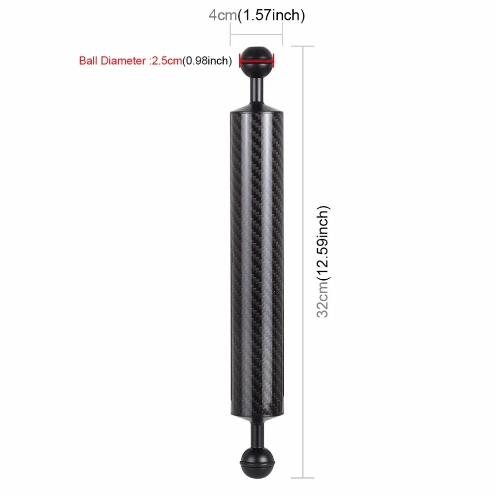 Плавающий шар PULUZ 10,8 дюйма 27,5 см длина 80 мм Диаметр двойные шарики углеродное волокно плавающая рука, диаметр шара: 2,5 см