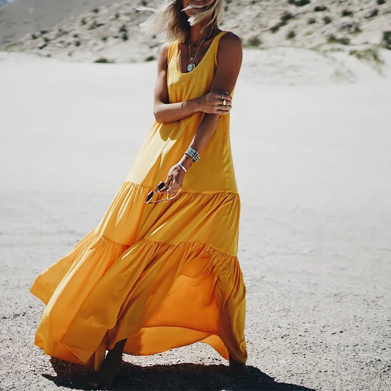 

KHALEE YOSE Summer Boho Maxi Dress Yellow Plus Size Women Dresses Sleeveless Backless Ruffles Hippie Layered Beach Holiday Dress