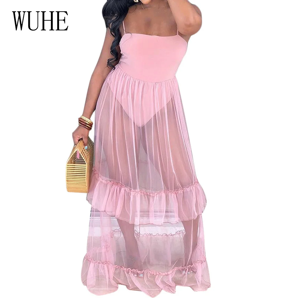 

WUHE Sexy Hollow Out Spaghetti Strap Dress Elegant Patchwork See-through Mesh Pleated Maxi Dress Summer Club Party Long Dresses