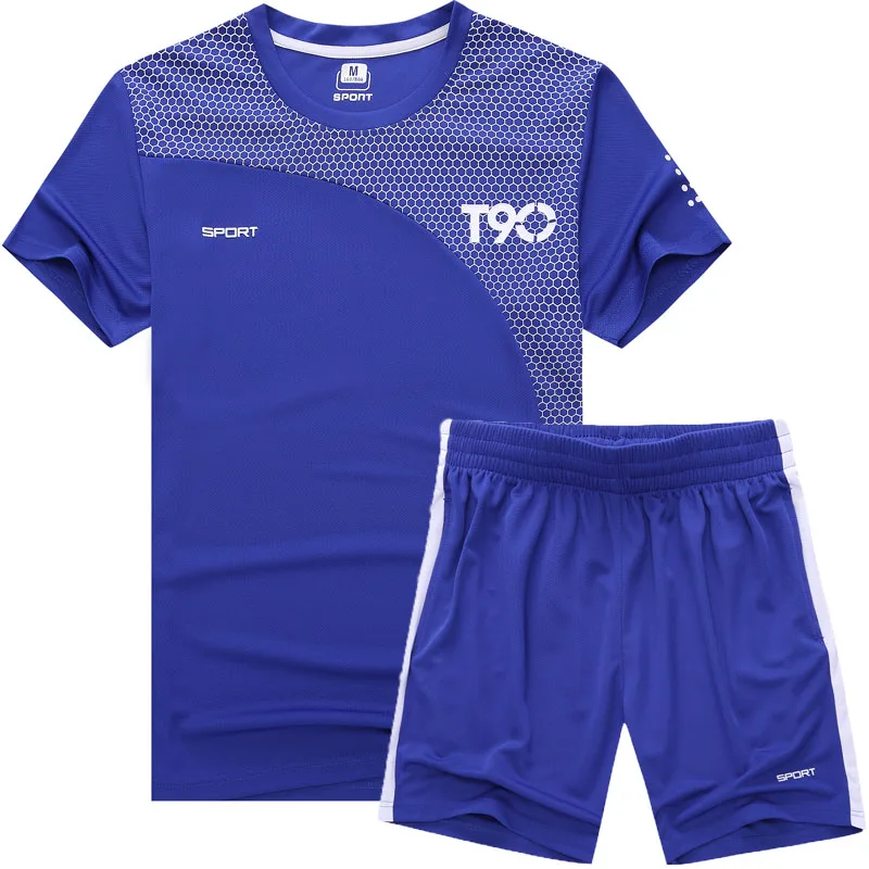 Мужской летний комплект для пробежки, крутые дышащие мужские костюмы, Хлопковая мужская рубашка с завязками, шорты для фитнеса, набор для пробежки, черная футболка - Цвет: Blue Running Set