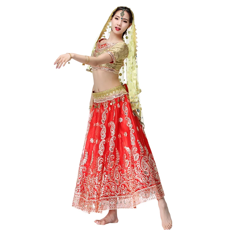 Женский костюм для танца живота, индийский танцевальный костюм Болливуда с ручной вышивкой, комплект из 4 предметов(топ+ пояс+ юбка+ сари