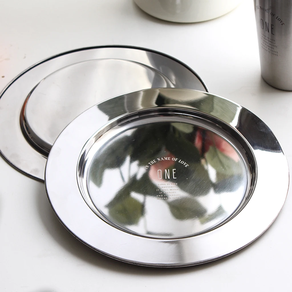 Set of 2 Thin Round Dishes Serving Metal Tray Mess Salad Snack Plate Dinner Dishwasher Safe