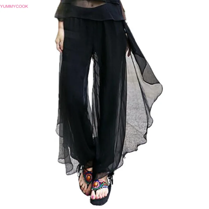 

Spring Women Chiffon Skirts Pants Thin Loose Casual Pleated Length Wide leg pants Summer Trousers Elastic Waist Women Pants 482