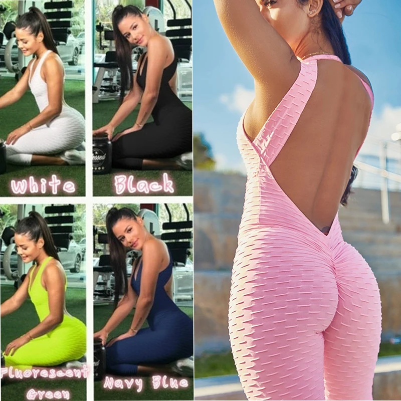 Женский сексуальный цельный костюм для йоги с открытой спиной и пряжкой, спортивный комбинезон, леггинсы для спортзала, боди для фитнеса и йоги, спортивный комбинезон - Цвет: Розовый