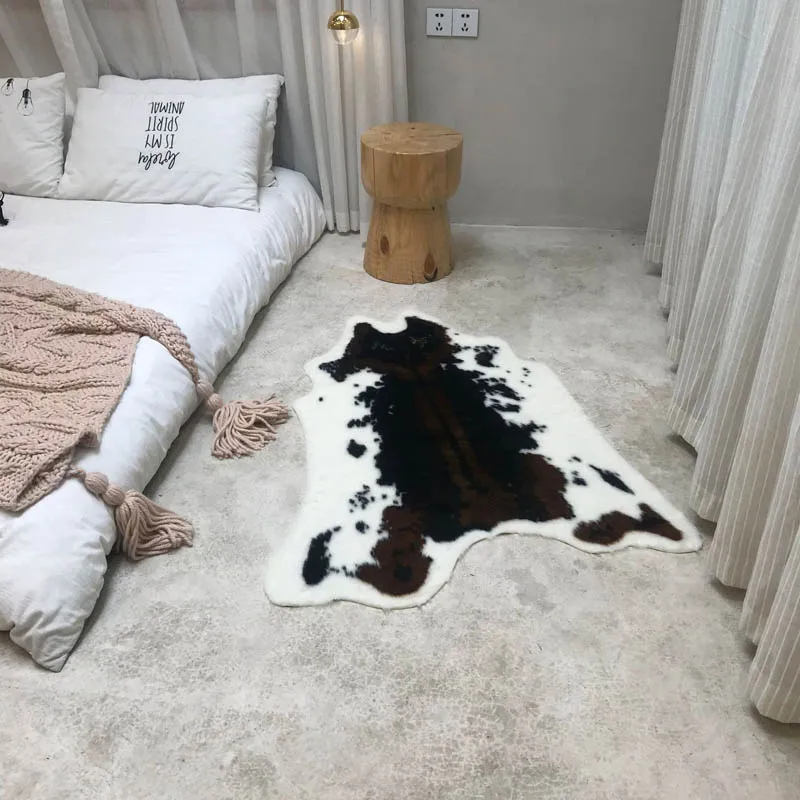 Cowhide Print Rug Artificial Cow Wool Faux Fur Skin Leather Bathroom Anti-slip Mat Animal Print Carpet for Home 3 Size