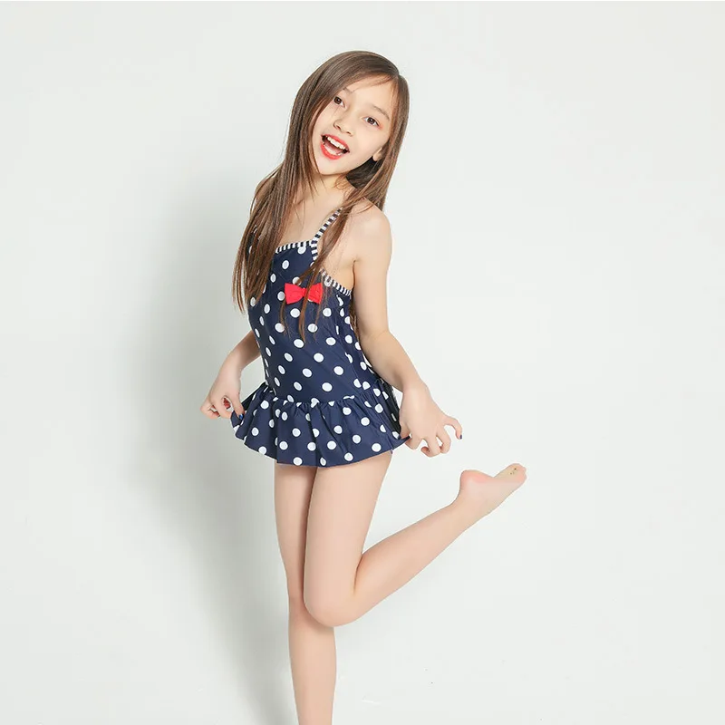 

Girls One Piece Swimsuit Kids Swimwear 2019 Summer Navy Sling Ruffle Bathing Suit Dot Print Children Bow Girls Beach Wear