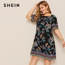 SHEIN Plus Size Tribal And Botanical Print Boho Dress 2019 Women Summer Tunic Short Sleeve Straight Shift Geometric Midi Dresses SHEIN Plus Size Tribal And Botanical Print Boho Dress 2019 Women Summer Tunic Short Sleeve Straight Shift Geometric Midi Dresses