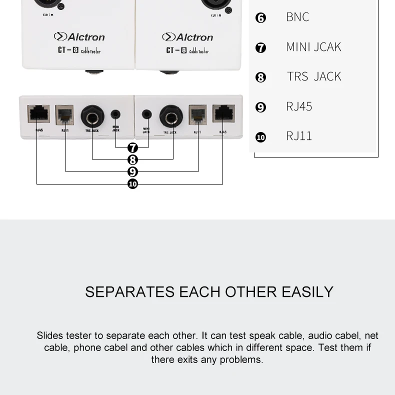 Alctron CT-8 Профессиональный Многоцелевой тестер аудио кабеля линии тестовый инструмент Инженерная проводка разделение тест