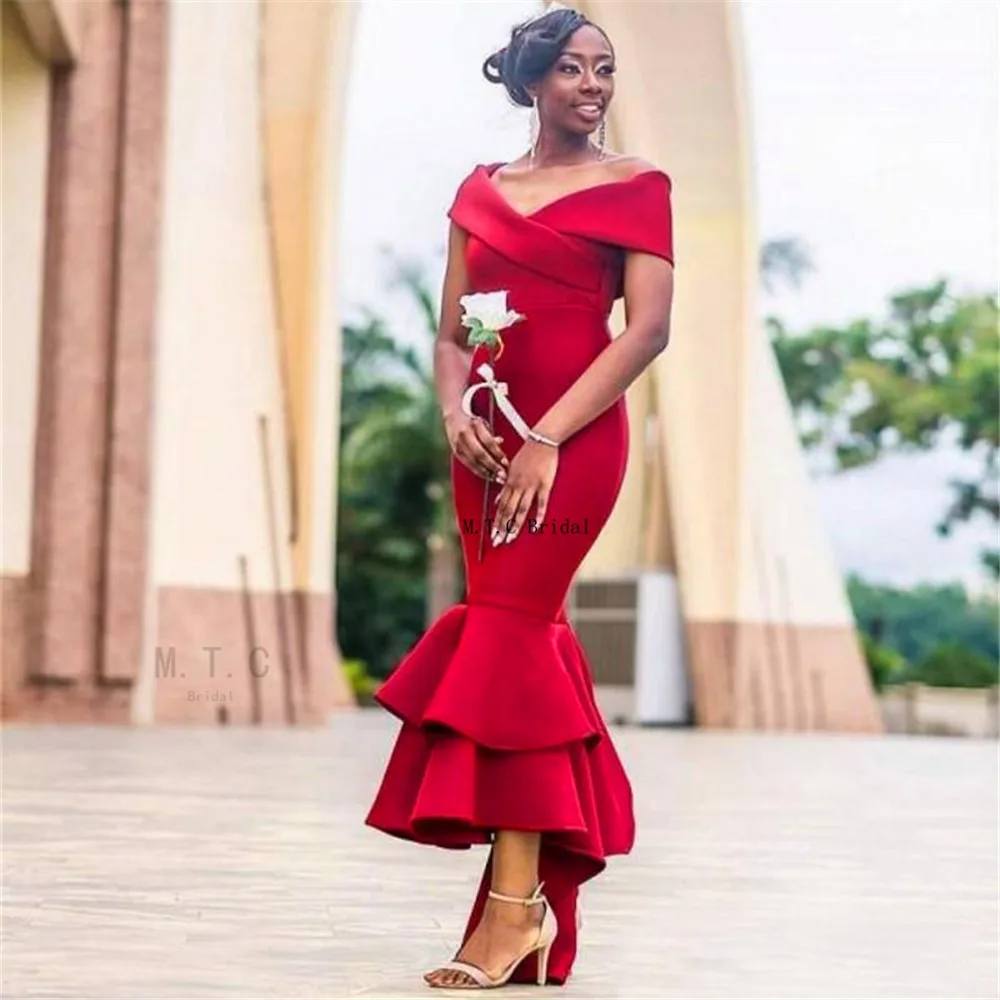 

Elegant Red Mermaid Long Bridesmaid Dresses 2019 Off The Shoulder Tea Length African Maid Of Honor Dress Cheap Robe De Soiree