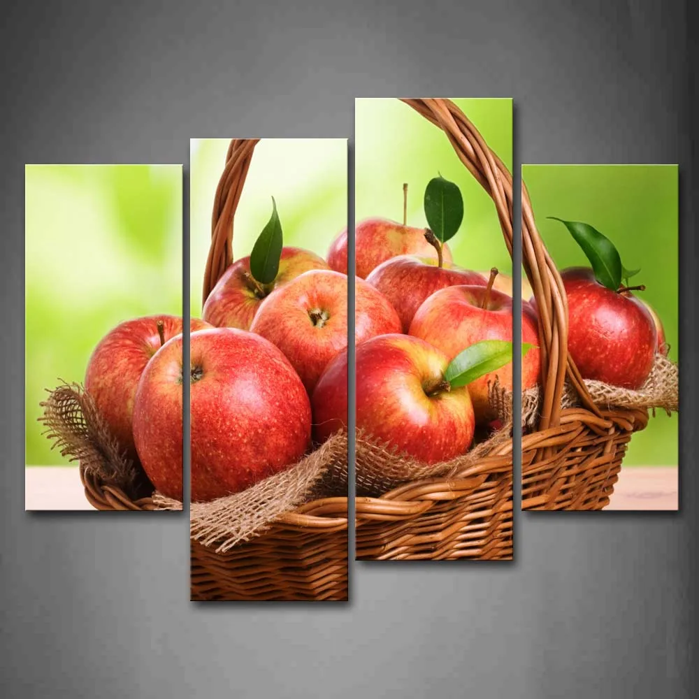 

4 Pics Framed Wall Art Pictures Red Apple Leaf Basket Canvas Print Food Posters With Wooden Frames For Home Office Decor