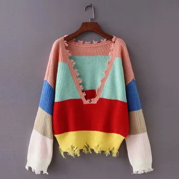 

[EWQ] 2020 Spring Winter Long Sleeve V-neck Stripe Sweater Loose Hem Tassel Big Size Streetwear Pullovers Women Clothing OC843
