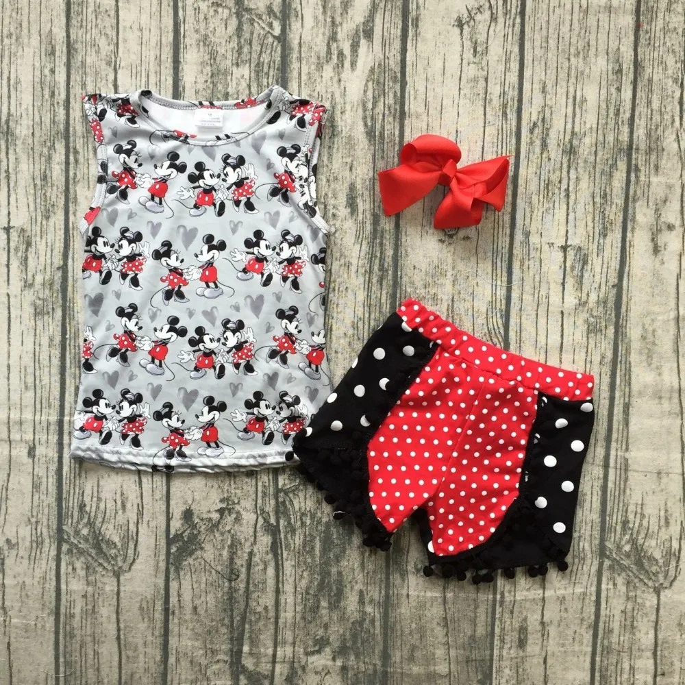 

Summer baby girls children clothes pom-pom shorts red grey mouse polka dot sleeveless outfits ruffles boutique match accessory