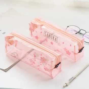 

1pcs student creative stationery pencil case pencil bag transparent pen wholesale Mai and Nara fall cherry square pencil case