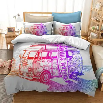 

Watercolor Bus Flower Butterfly Bedding Set Colorful Printed Quilt Cover With Pillowcases Peace Design Bed Set
