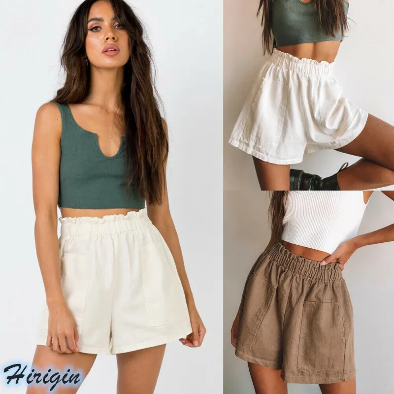 Summer Women Casual Shorts 2019 New Women Summer Casual Linen Elastic High Waist Solid Double Pockets Loose Shorts Summer Women Casual Shorts 2019 New Women Summer Casual Linen Elastic High Waist Solid Double Pockets Loose Shorts