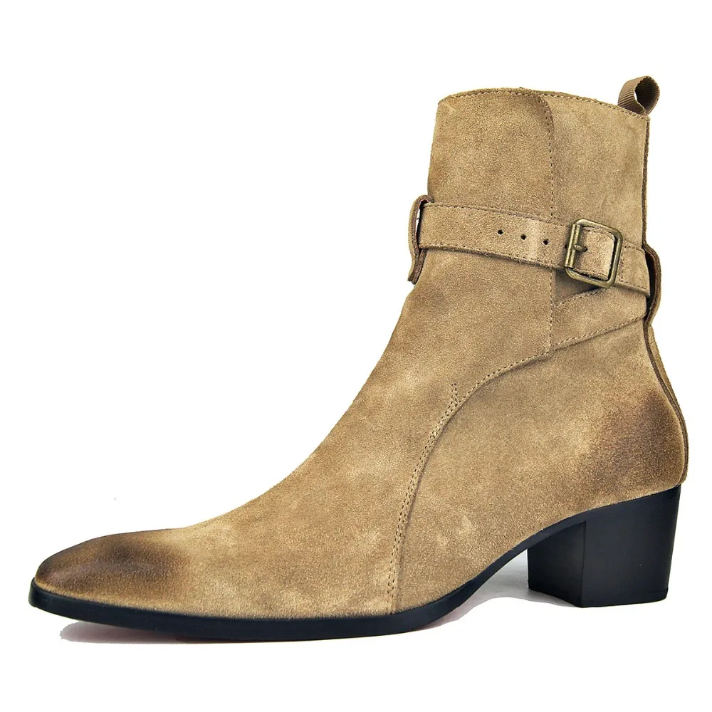 Genuine Cow Leather Suede high heel Men Boots high top Zipper fashion British style fashion men's Chelsea Boots Hot