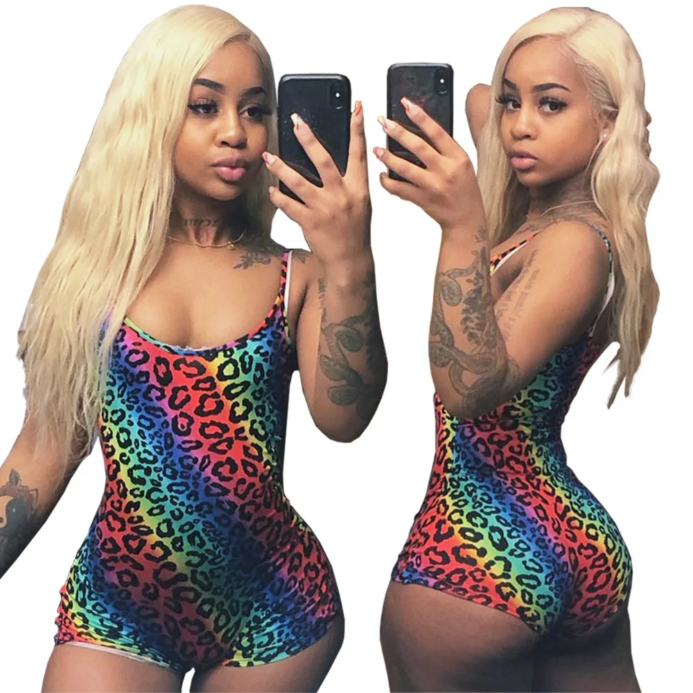 2019 Для женщин Радуга Playsuit Sexy Club летних вечеринок Sleveeless Bodycon спагетти леопардовый