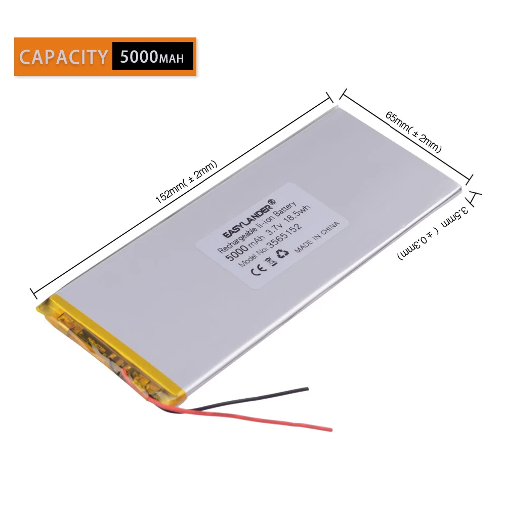 

10pcs /Lot 3- wire 3.7V 5000mAh 3565152 lithium Li ion polymer rechargeable battery for tablet pc POWER BANK pipo cell phone