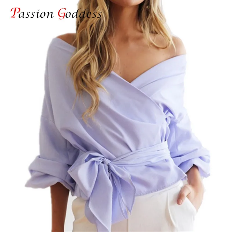 

2018 Spring Women Sexy Fashion Blouse V Neck Puff Sleeve Cross Bandage Bow Tie Sashes Off Shoulder Blouses Shirts Ladies Tops
