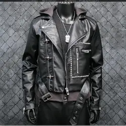 Панк искусственная кожа Куртки из искусственной кожи мужская куртка Толстая теплая ветрозащитная куртка с капюшоном моторный Байкер