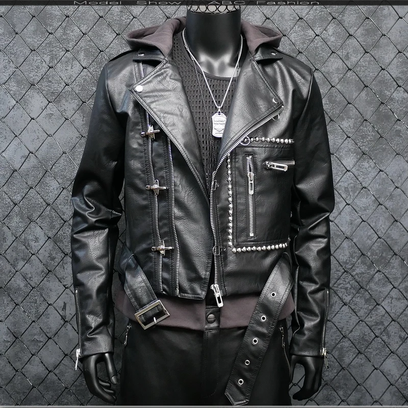 

Punk Faux Leather Jackets Pu Leather Male Jacket Thick Warm Windproof Coat Solid Hooded Motor Biker Jacket Jaqueta Outwear