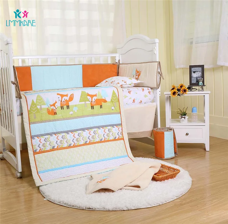 Комплект постельного белья для новорожденных, с вышитой лисой из мультфильма, для младенцев, простыня, одеяло, юбка, хлопок, детская кровать, бамперы, унисекс - Цвет: 8Pcs
