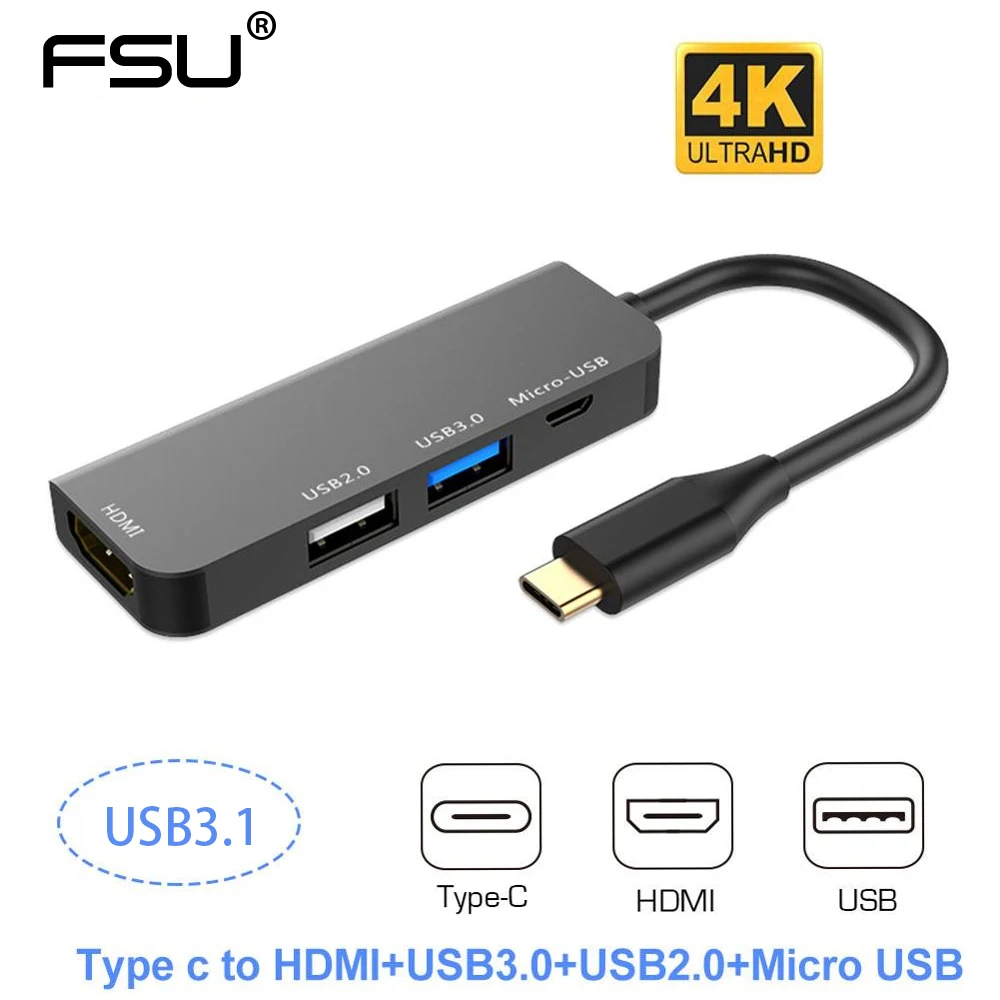 Многопортовый адаптер 4 в 1 usb c концентратор Type C к HDMI 4k USB 3 0/2 0 Micro Usb зарядное