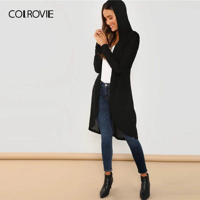 COLROVIE черная однотонная открытая спереди до колена с капюшоном женские пальто Весенняя уличная одежда с длинным рукавом Повседневная Верхняя одежда с двойным карманом