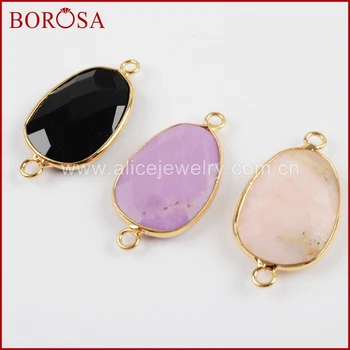 

BOROSA 5PCS New Gold Color Multi-kind Natural Stone Black Agates Faceted Connector Double Bails for Bracelet Jewelry G1502