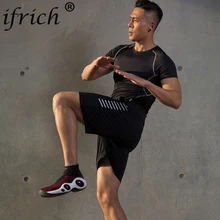 2 шт. сжатия быстросохнущая облегающий спортивный костюм Для мужчин футболка с короткими рукавами для фитнеса черный костюм футболка с шортами Мужской О-образным вырезом Костюмы Набор для Для мужчин s