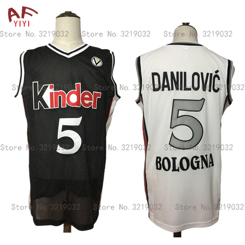 

New Sasha Danilovic European Basketball Jersey 5# Virtus Kinder Bologna Throwback Jersey Black/White Sewn Retro Mens Shirts
