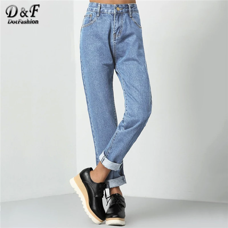 Dotfashion Blue Roll Cuff Boyfriend Jeans Woman 2019 Autumn Casual Straight Leg High Waist Jeans Streetwear Korean Fashion Pants