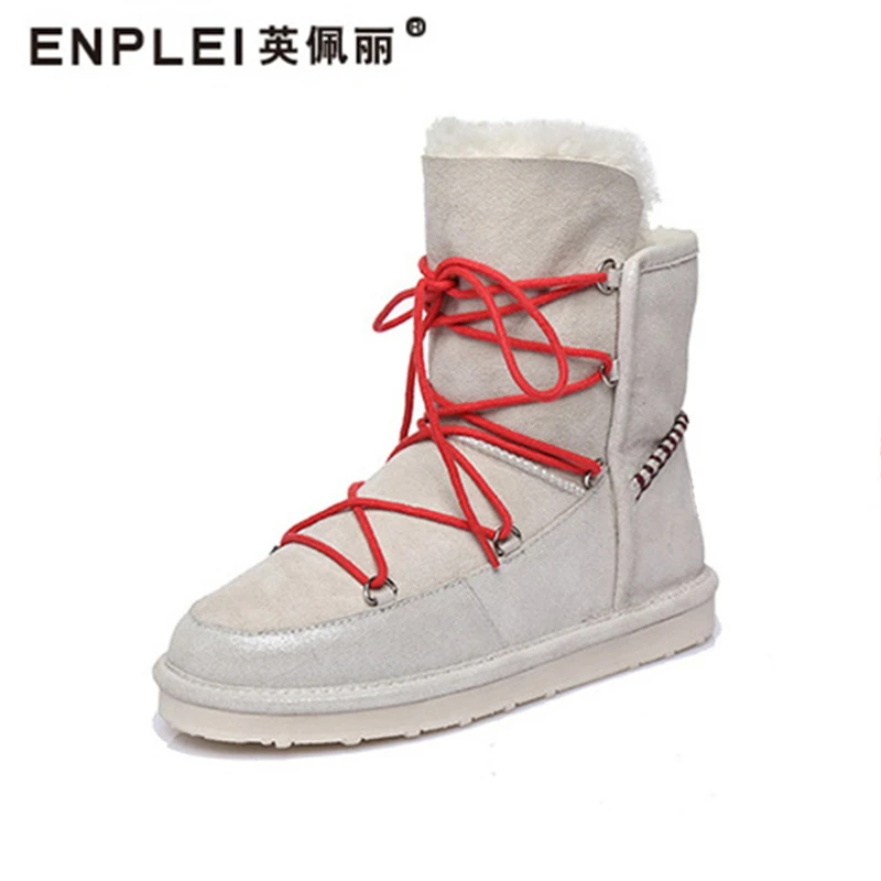 

ENPLEI Women Winter Boots Genuine Leather Snow Boots Ankle Warm Fur Shoes Woman Flats Round Toe Female Casual Shoes