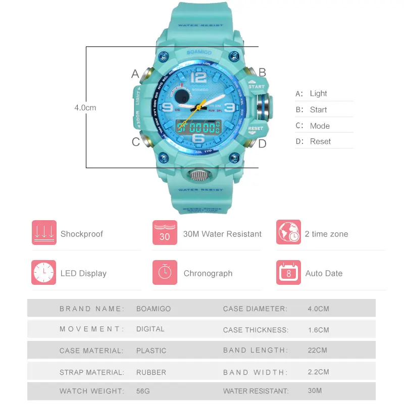 Бренд BOAMIGO, женские часы, двойной дисплей, спортивные часы, модные, дамские, светодиодный, цифровые наручные часы, синие, 30 м, водонепроницаемые часы
