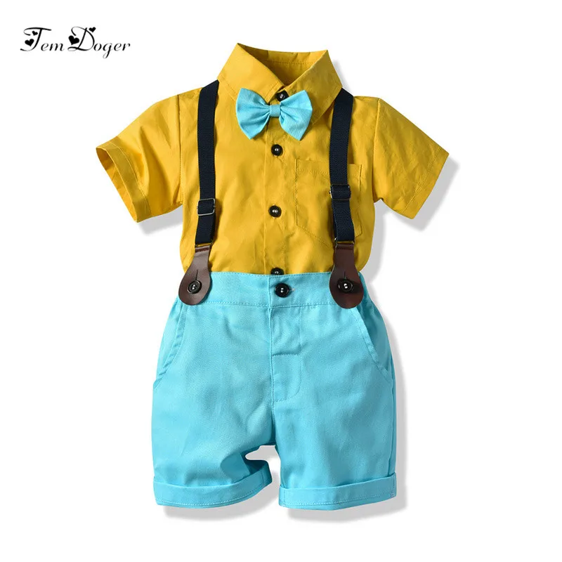 Tem doger/комплекты одежды для мальчиков летняя детская одежда для мальчиков Детский Костюм Джентльмена рубашка с галстуком+ комбинезон, комплекты одежды из 2 предметов костюмы для мальчиков - Цвет: A