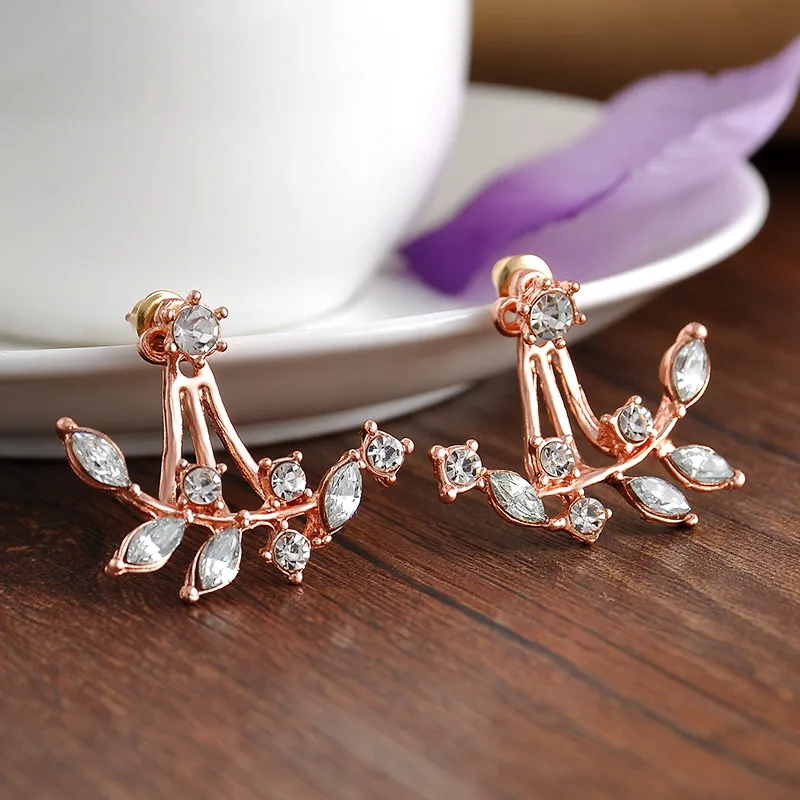 Серьги-гвоздики с кристаллами в виде листьев для ушей, запонки на спине для женщин, массивные ювелирные изделия, серьги-гвоздики ED170