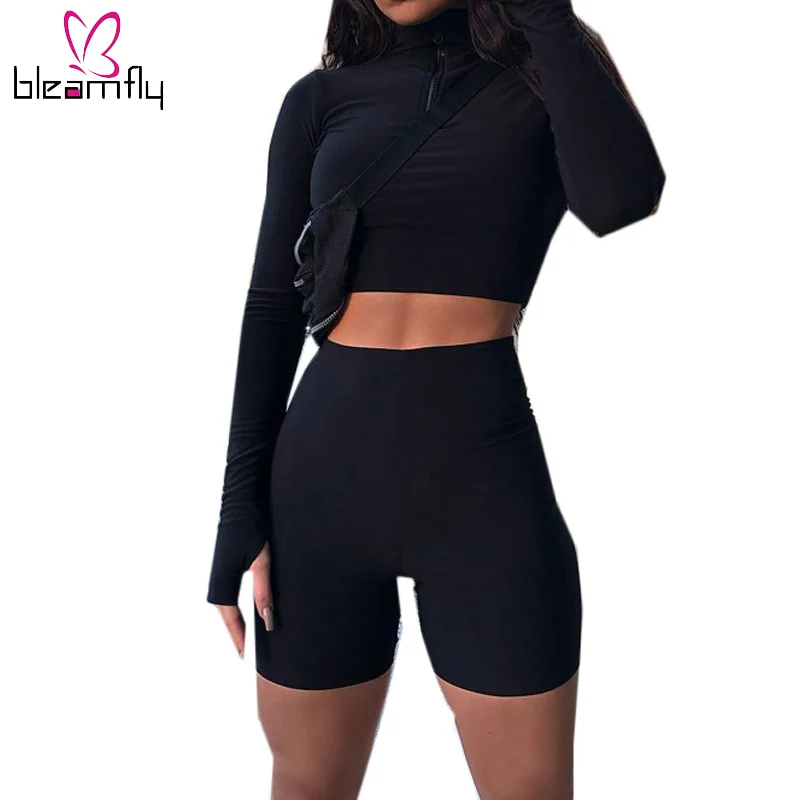 

2018 Autumn Winter Two Piece Set Women Sexy Long Sleeve Turtleneck Zipper Crop Top High Waist Stretch Pants Fitness Outfits