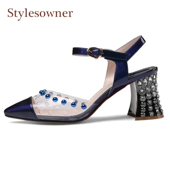 

Stylesowner Tranparent PVC Patchwork High-heel Sandals Crystal Stud Chunky High-heel Pumps Buckle Strap Ladies Dress Party Shoes