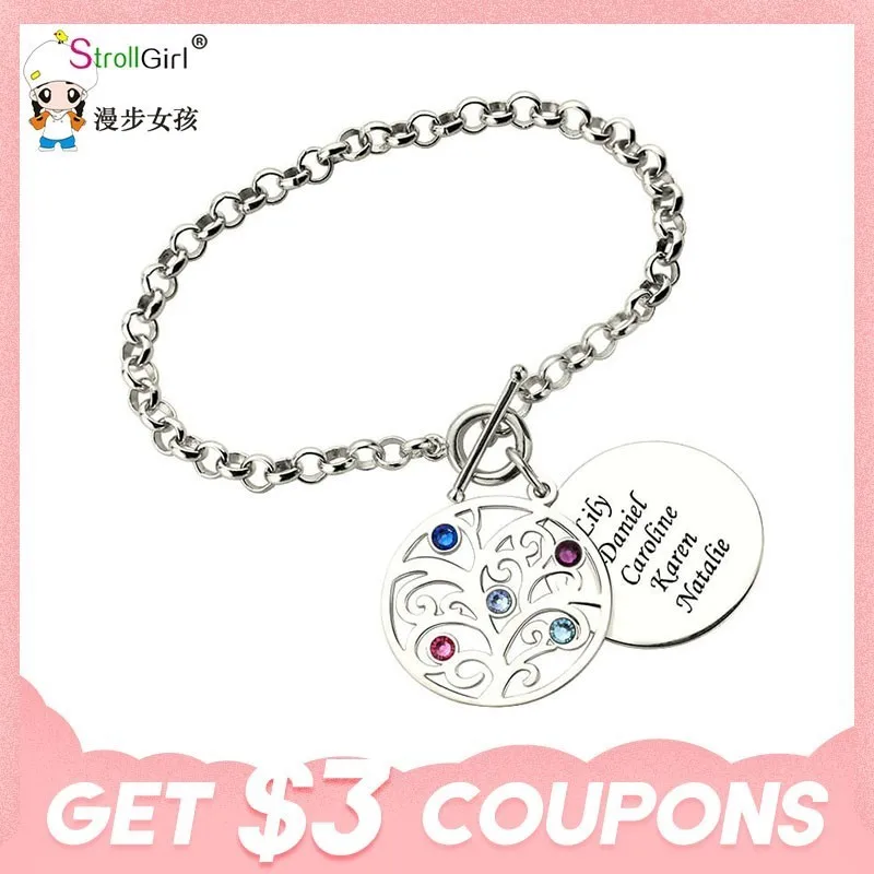 

StrollGirl Personalized 925 Sterling Silver Family Tree Birthstone Bracelets customized Engrave Name Tree Of Life Women Jewelry