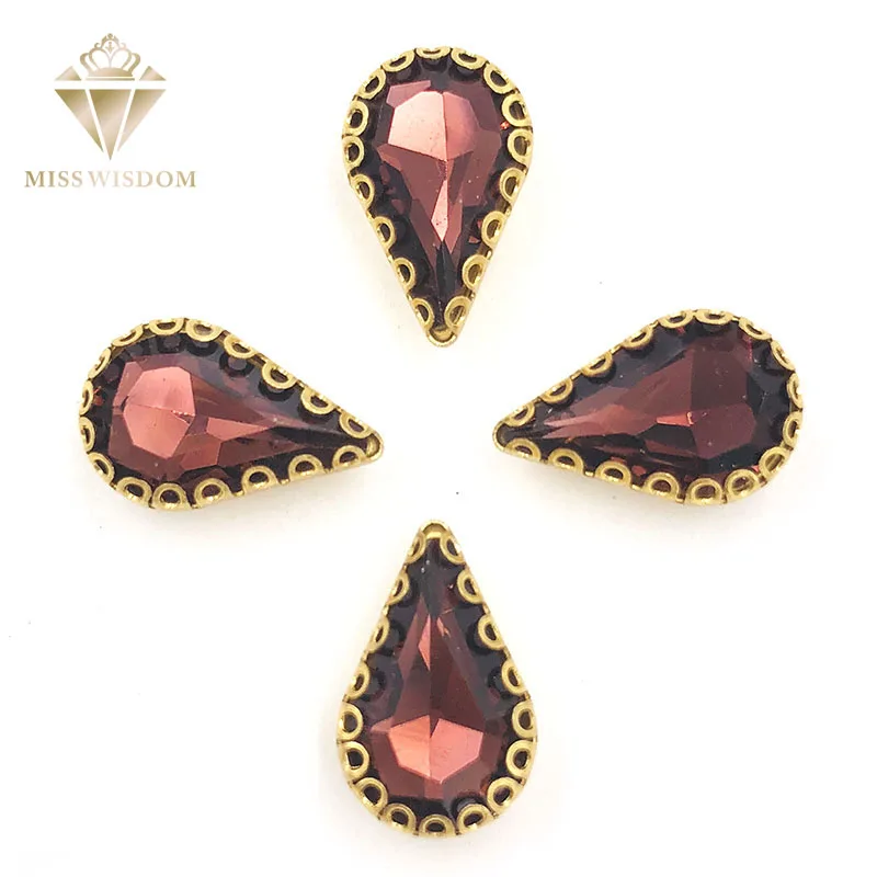 8x13mm Wine Red Teardrop Sew On Rhinestones Gold Base With Hole Lacy