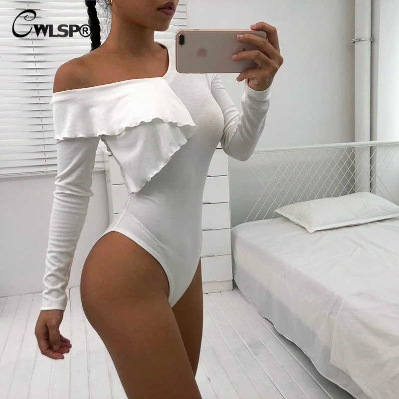 

CWLSP Autumn Winter Elasticity Bodysuit Slim Skew Collar Long Sleeve Jumpsuit Women Sexy Ruffled Fashion off-shoulder Top QL4270